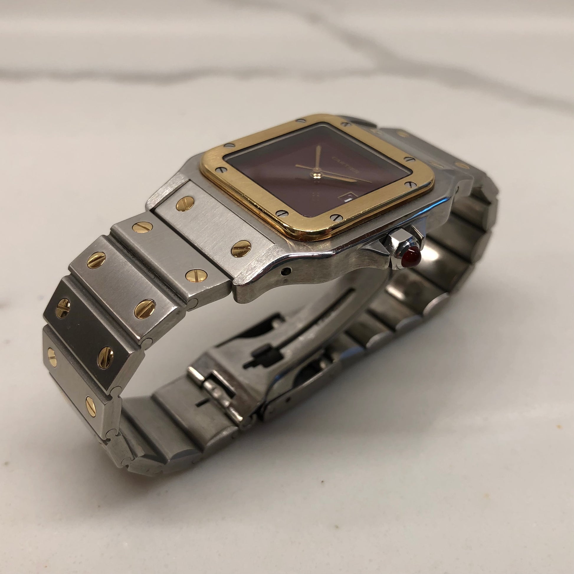 1980s Cartier Santos 2961 Oxblood Burgundy Two Tone Automatic Wristwatch - HASHTAGWATCHCO