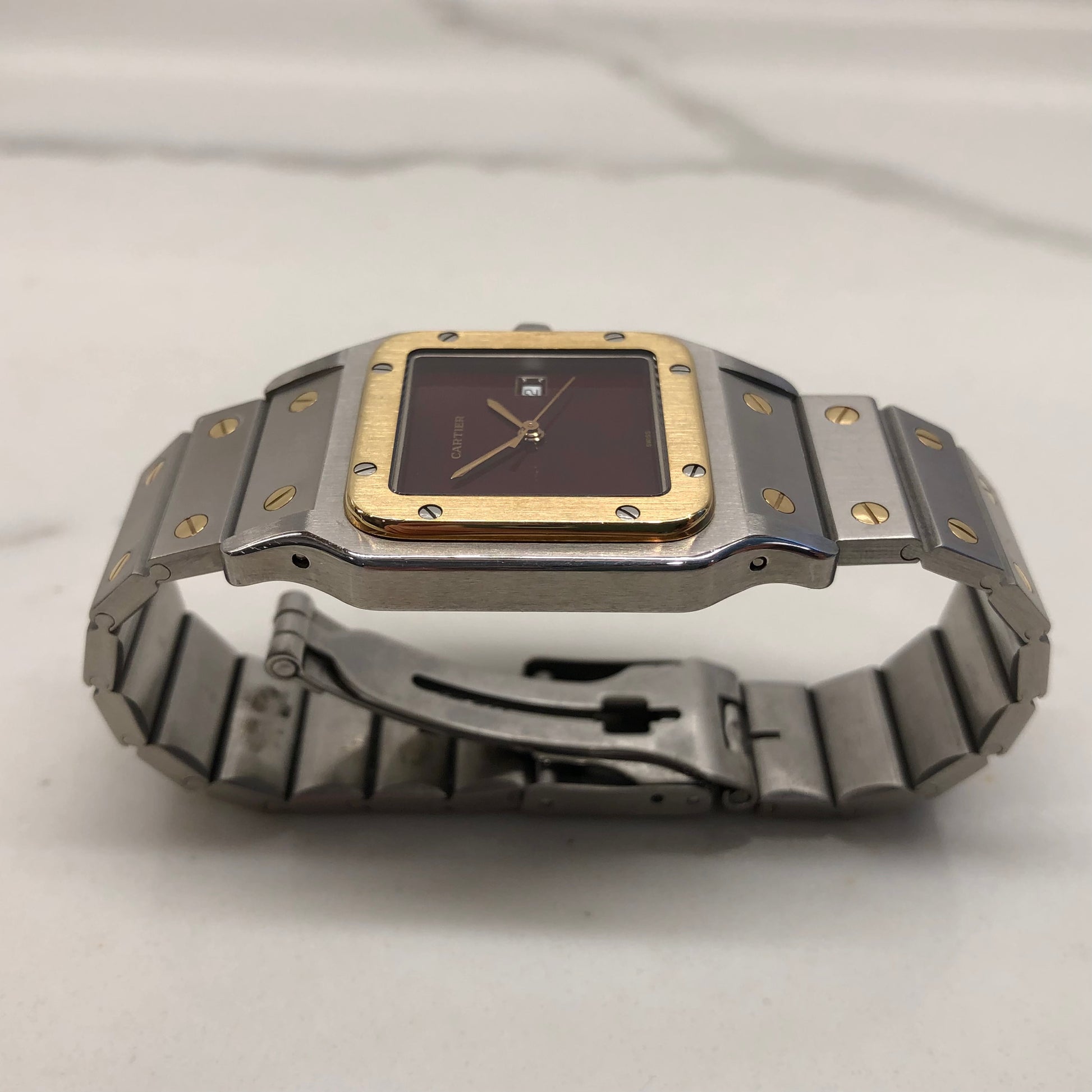 1980s Cartier Santos 2961 Oxblood Burgundy Two Tone Automatic Wristwatch - HASHTAGWATCHCO