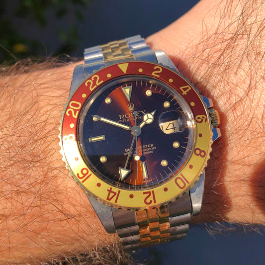 1985 Rolex GMT MASTER 16753 Root Beer Two Tone Steel and Gold Jubilee Nipple Dial Wristwatch with Box and Papers - HASHTAGWATCHCO