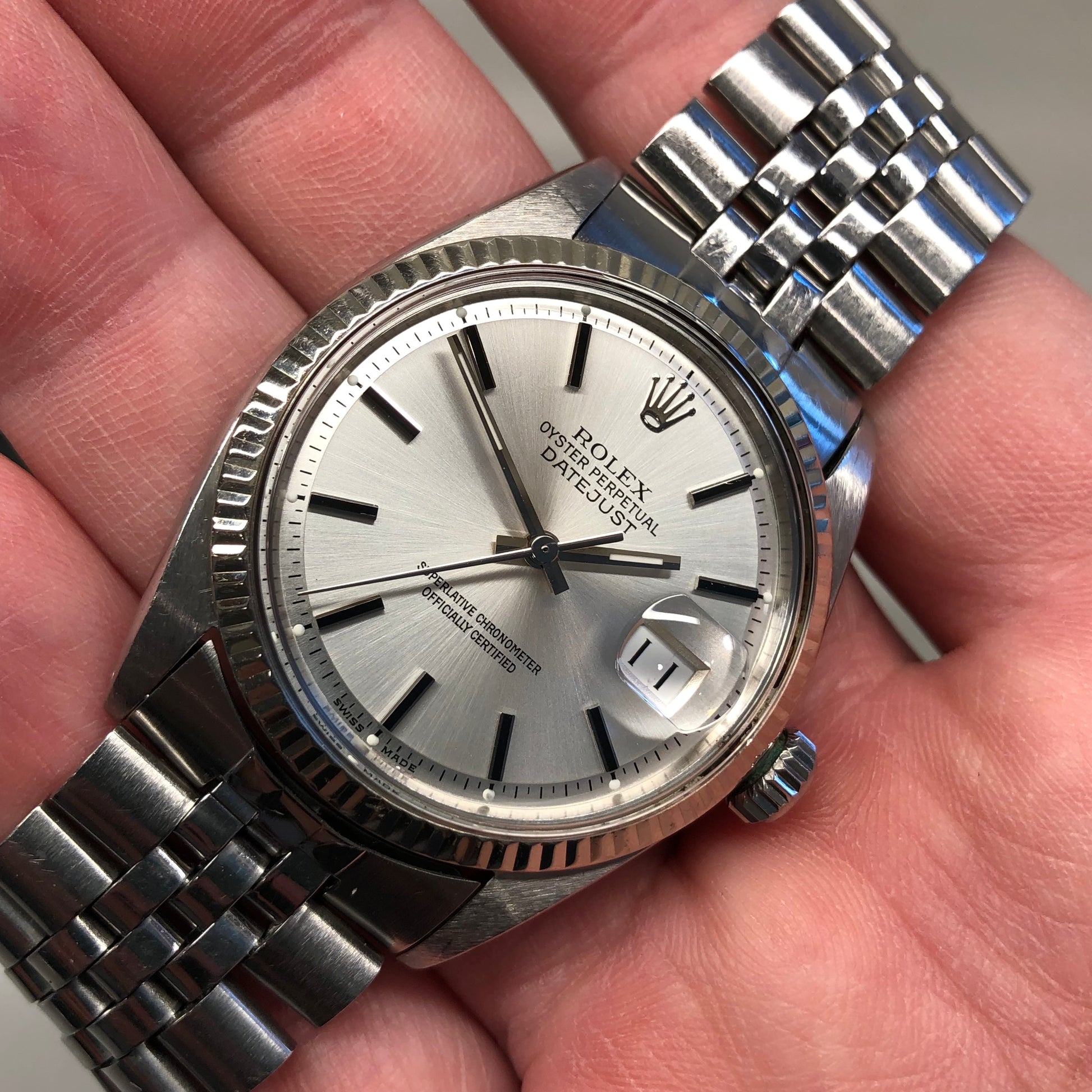 1964 Rolex Datejust 1601 Fluted Stainless Steel Silver Dial Jubilee Automatic Wristwatch - HASHTAGWATCHCO