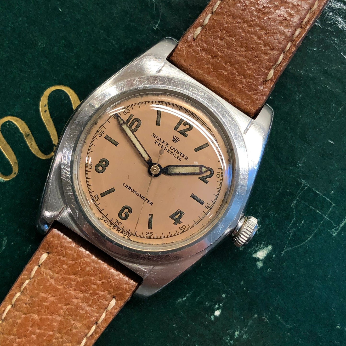 1944 Rolex Bubbleback 2940 Salmon Arabic Dial Steel Automatic Chronometer Wristwatch