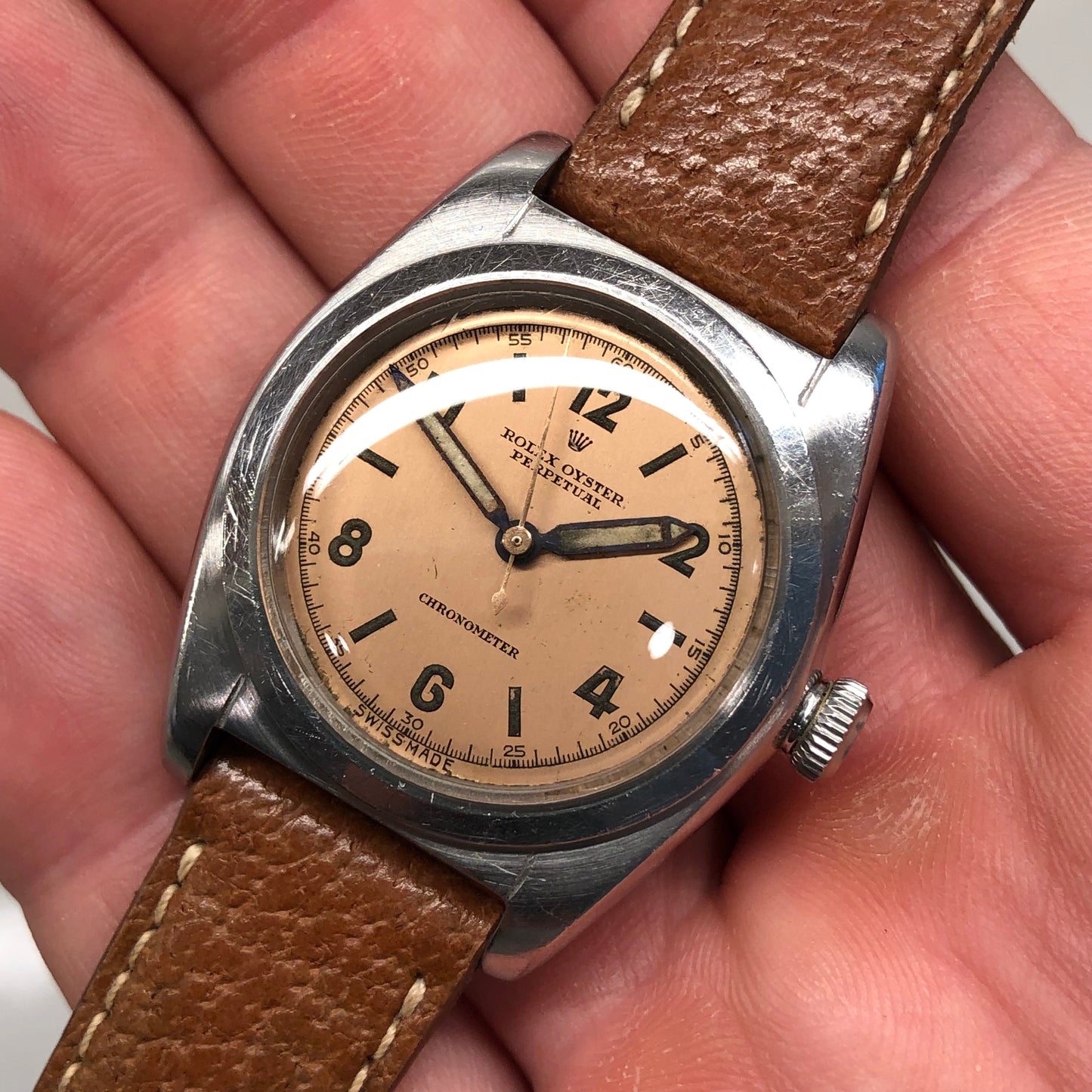1944 Rolex Bubbleback 2940 Salmon Arabic Dial Steel Automatic Chronometer Wristwatch