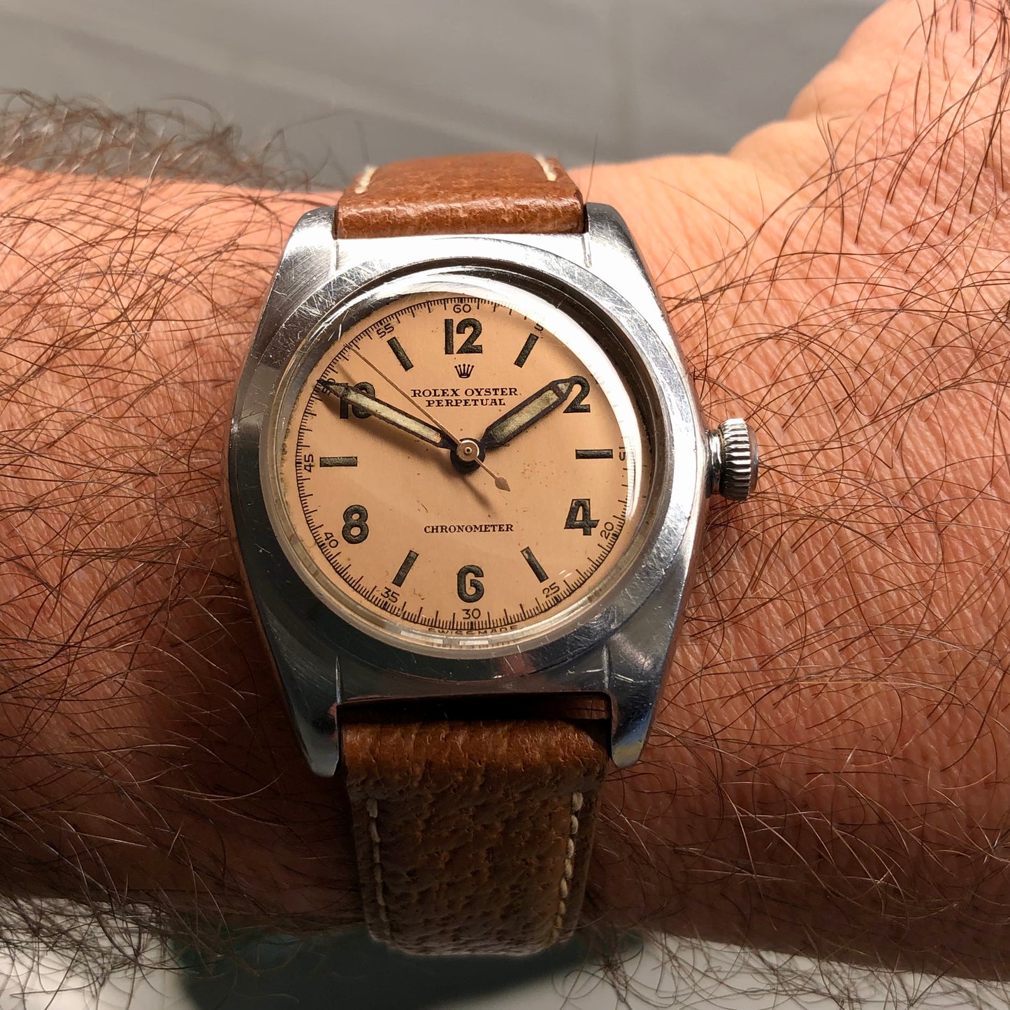 1944 Rolex Bubbleback 2940 Salmon Arabic Dial Steel Automatic Chronometer Wristwatch