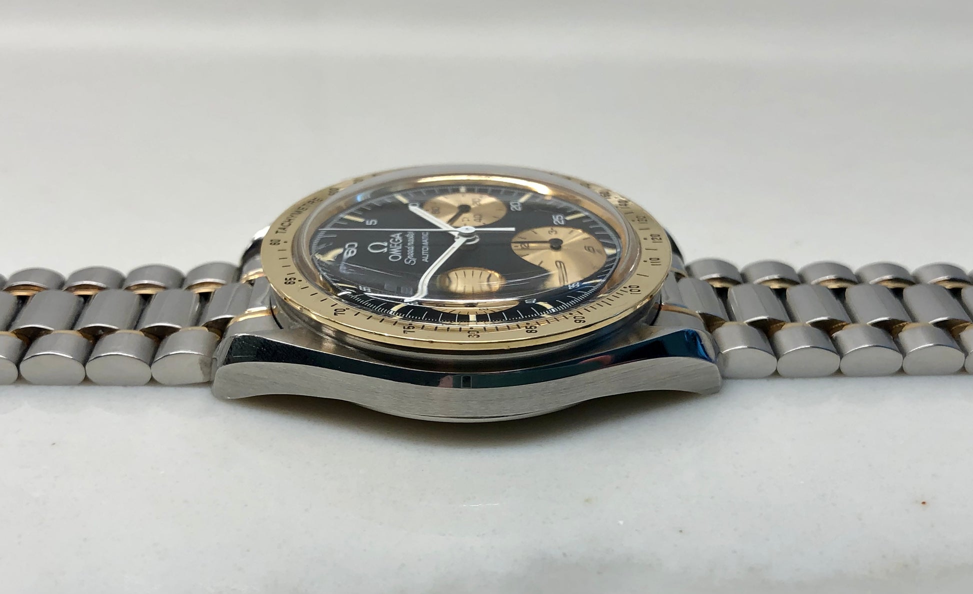 1990s Omega Speedmaster Reduced 175.00.33 Chronograph Steel and Gold Automatic Wristwatch - HASHTAGWATCHCO