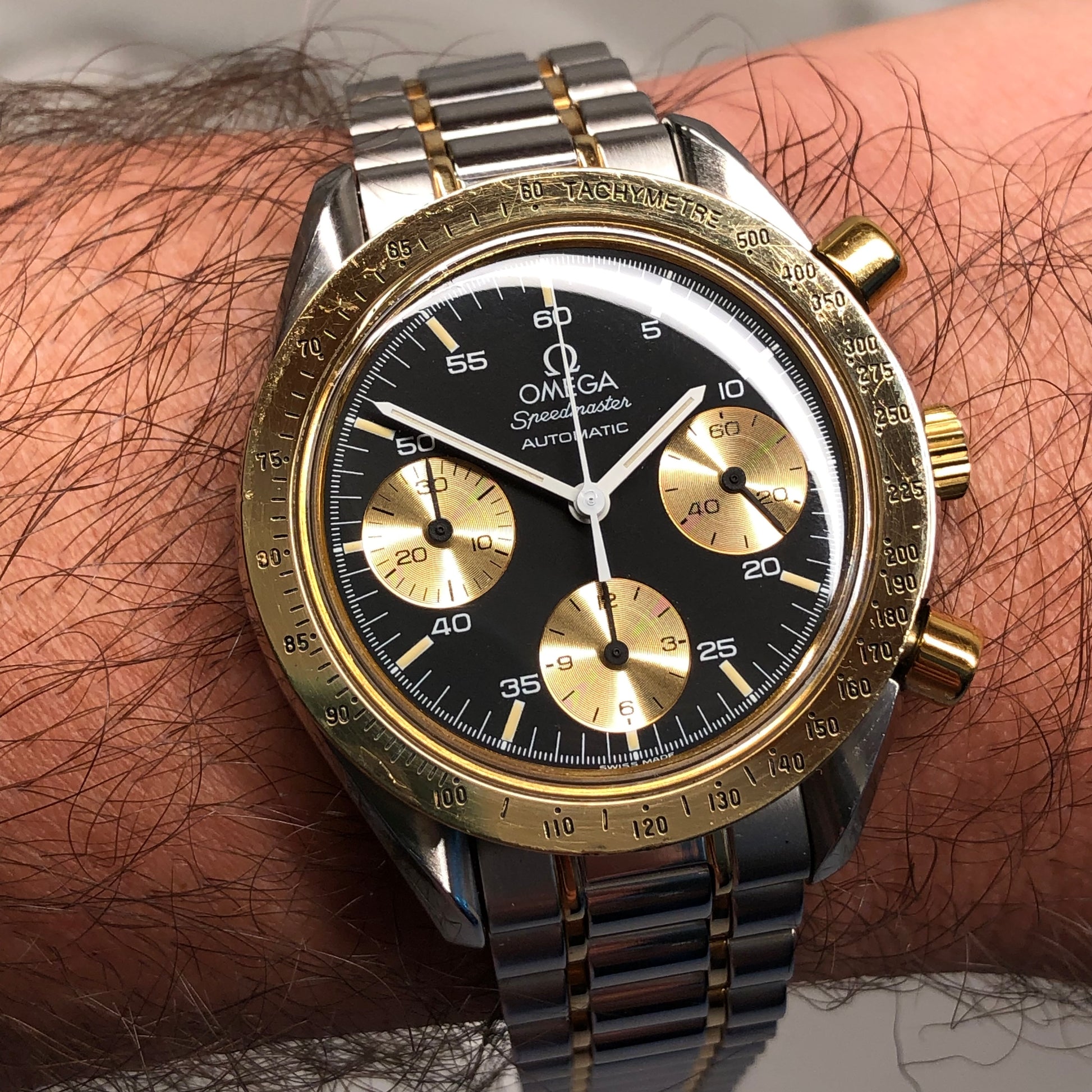 1990s Omega Speedmaster Reduced 175.00.33 Chronograph Steel and Gold Automatic Wristwatch - HASHTAGWATCHCO