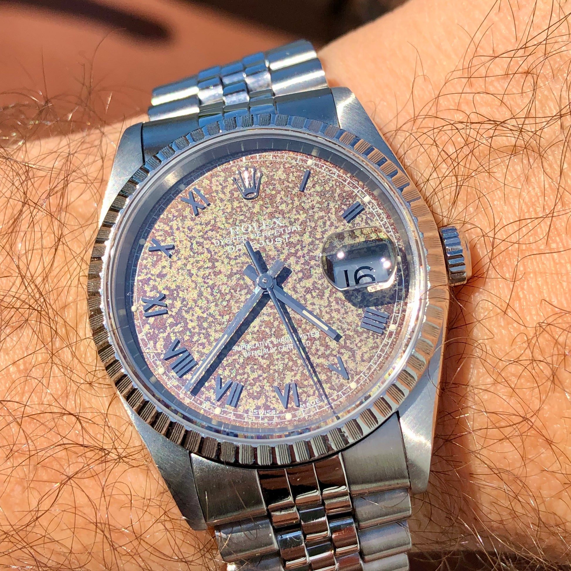 1991 Rolex Datejust 16220 Engine Turned Steel Tropical Dial Jubilee Automatic Wristwatch - HASHTAGWATCHCO