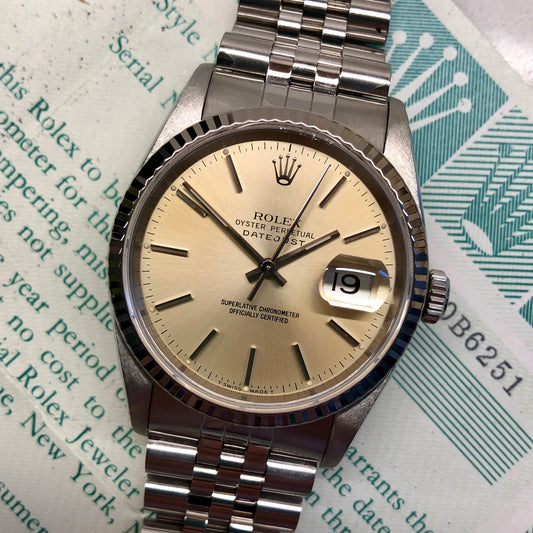 1990 Rolex Datejust 16234 Silver Steel White Gold Fluted Jubilee Wristwatch with Box and Papers - HASHTAGWATCHCO