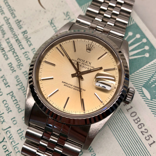 1990 Rolex Datejust 16234 Silver Steel White Gold Fluted Jubilee Wristwatch with Box and Papers - HASHTAGWATCHCO