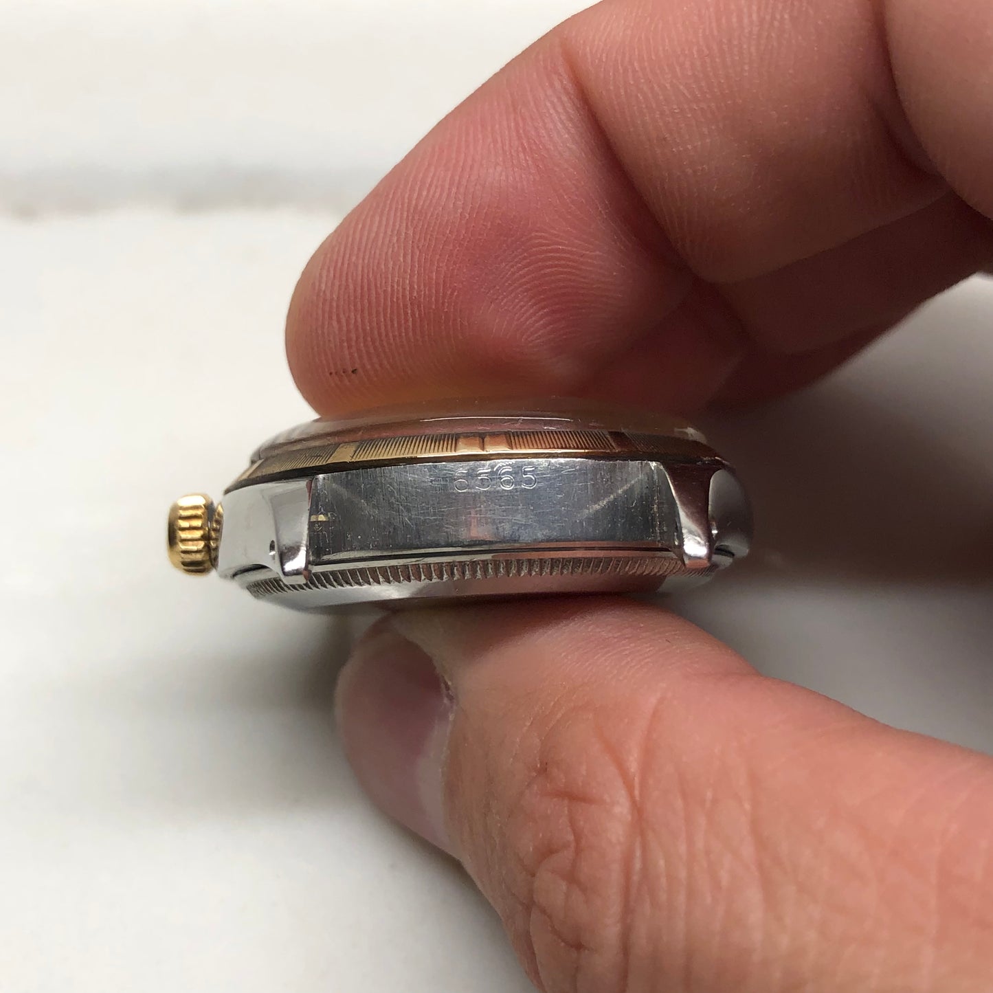 1957 Rolex Oyster Perpetual 6565 Two Tone Engine Turned Bezel Automatic Wristwatch