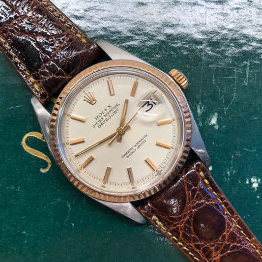 1974 Rolex Datejust 1601 Two Tone Rose Gold Steel Fluted Bezel Wristwatch