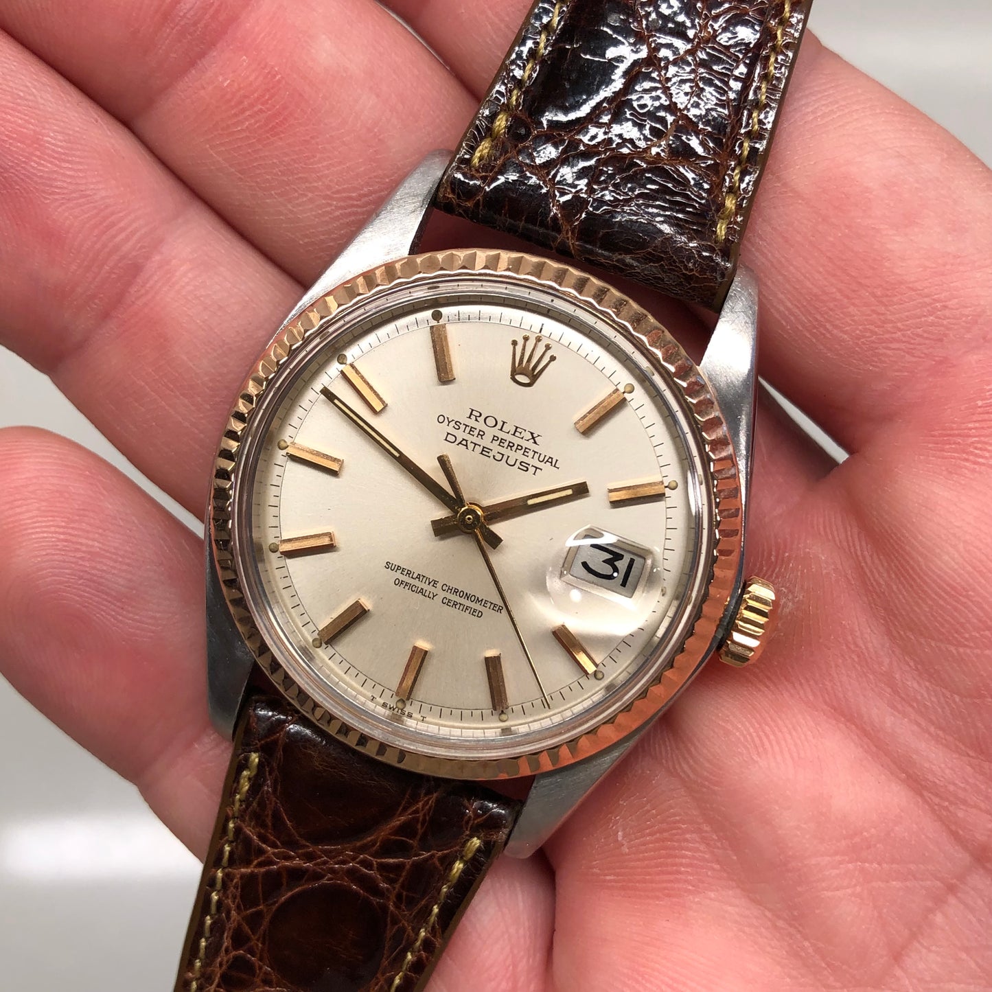 1974 Rolex Datejust 1601 Two Tone Rose Gold Steel Fluted Bezel Wristwatch