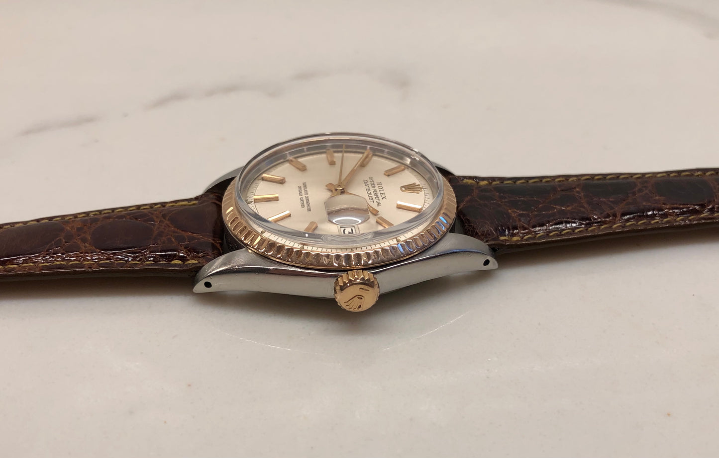 1974 Rolex Datejust 1601 Two Tone Rose Gold Steel Fluted Bezel Wristwatch