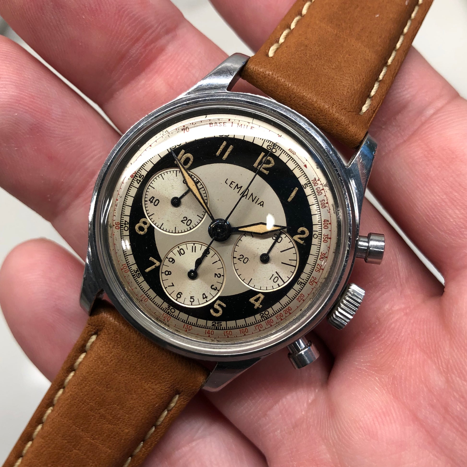 1950s Lemania Exotic Multiscale Dial 27CH Stainnless Steel Chronograph Wristwatch - Hashtag Watch Company