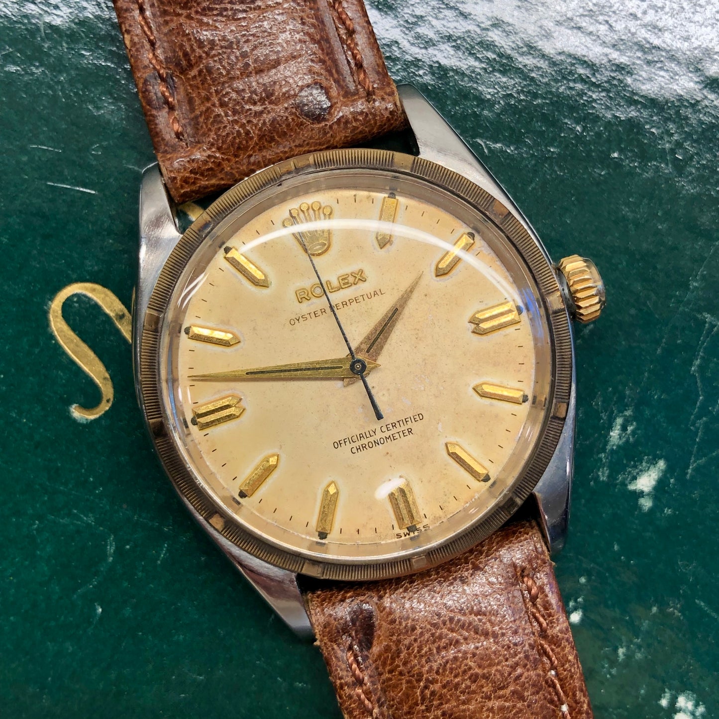 1957 Rolex Oyster Perpetual 6565 Two Tone Engine Turned Bezel Automatic Wristwatch