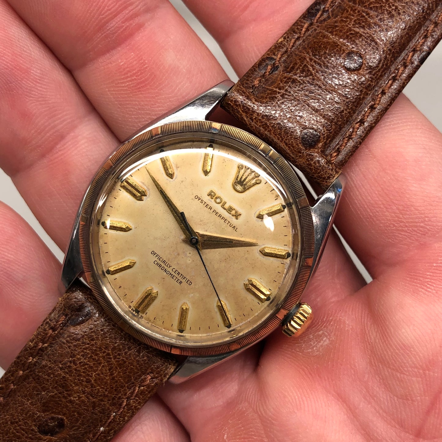 1957 Rolex Oyster Perpetual 6565 Two Tone Engine Turned Bezel Automatic Wristwatch