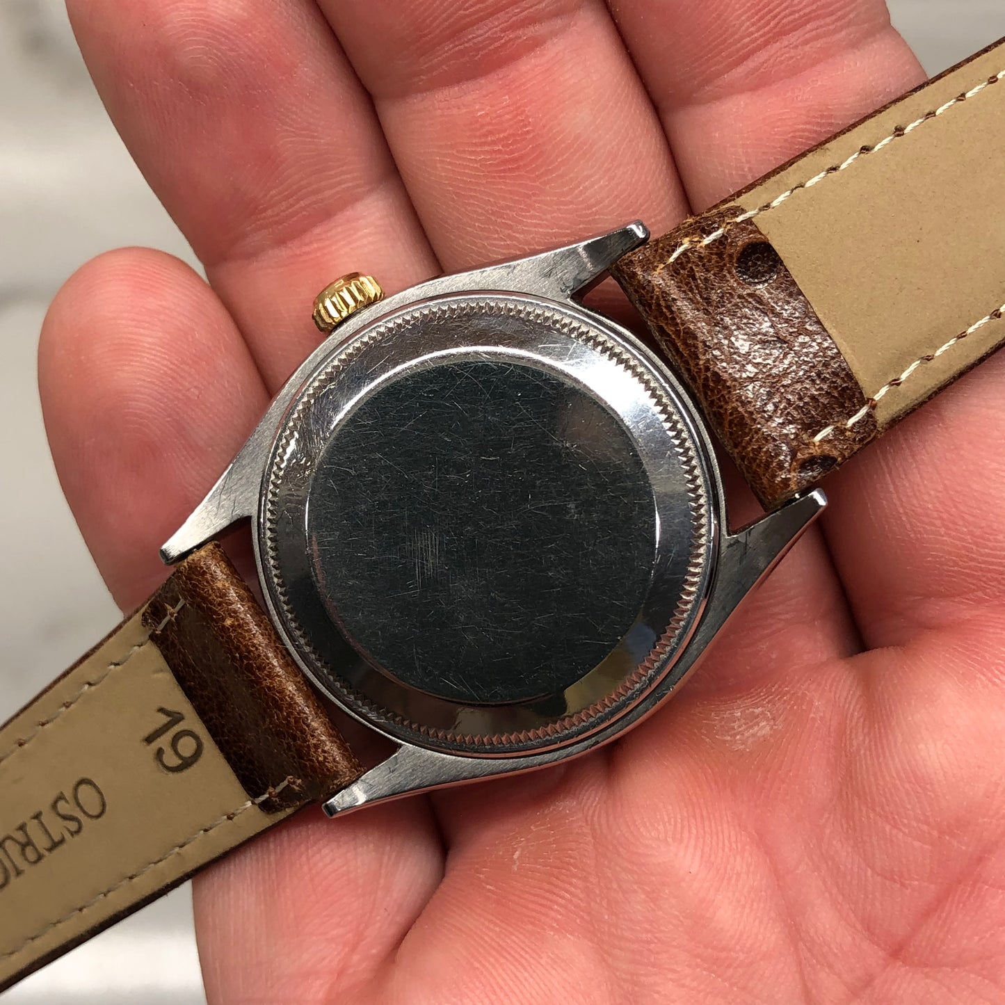 1957 Rolex Oyster Perpetual 6565 Two Tone Engine Turned Bezel Automatic Wristwatch