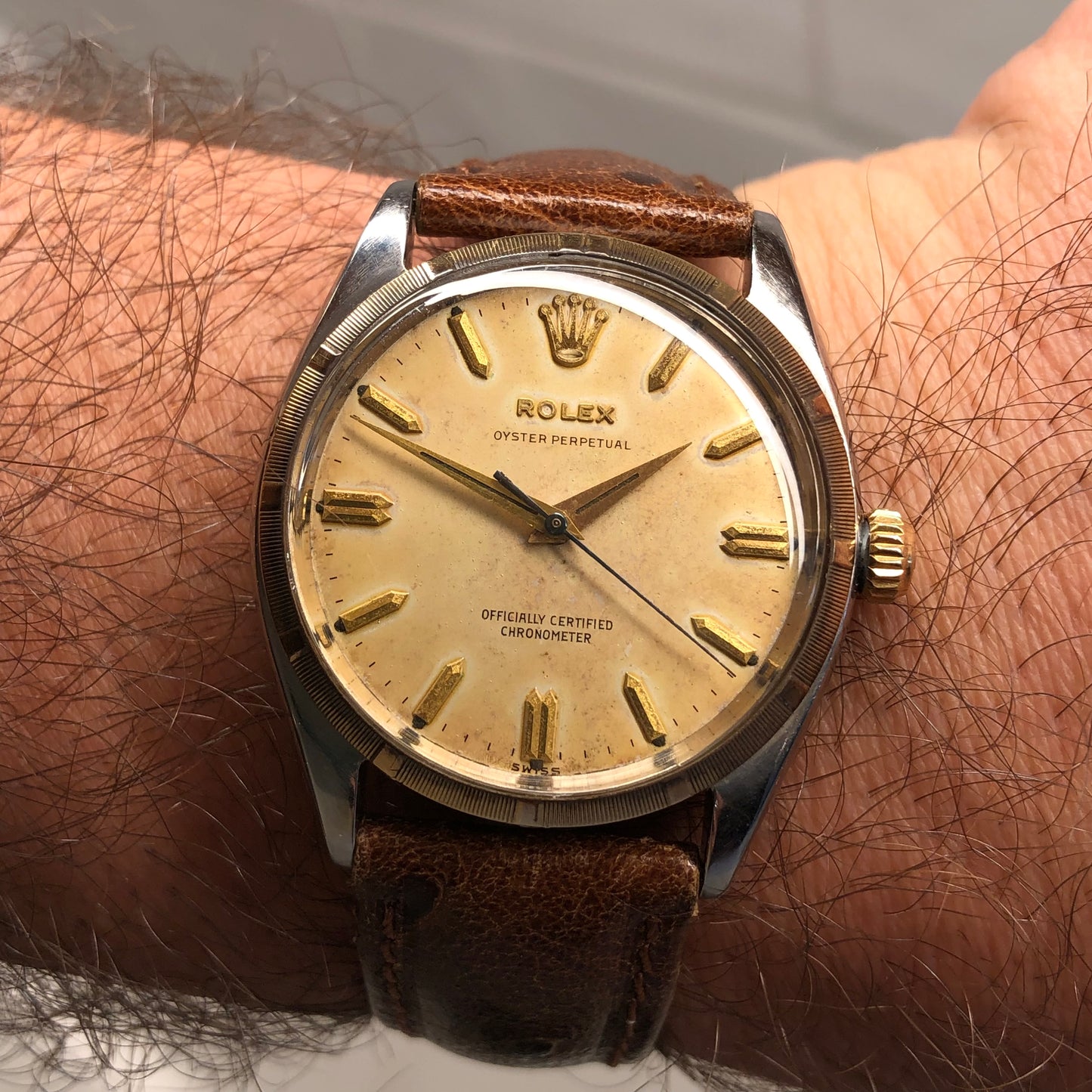 1957 Rolex Oyster Perpetual 6565 Two Tone Engine Turned Bezel Automatic Wristwatch