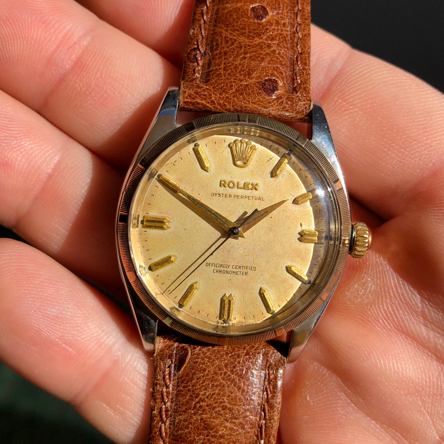 1957 Rolex Oyster Perpetual 6565 Two Tone Engine Turned Bezel Automatic Wristwatch