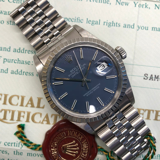 1984 Rolex Datejust 16030 Steel Blue Engine Turned Automatic Wristwatch
