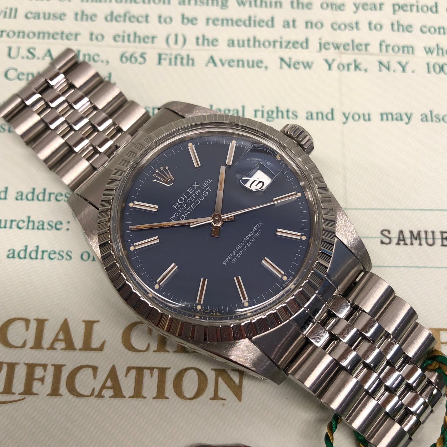1984 Rolex Datejust 16030 Steel Blue Engine Turned Automatic Wristwatch