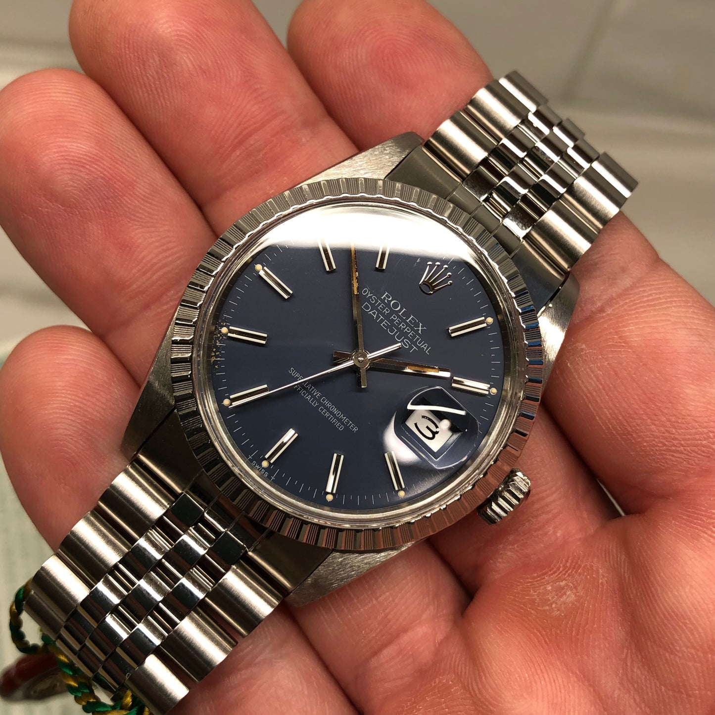 1984 Rolex Datejust 16030 Steel Blue Engine Turned Automatic Wristwatch
