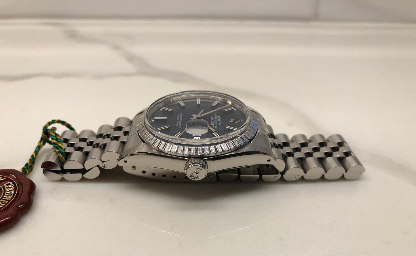 1984 Rolex Datejust 16030 Steel Blue Engine Turned Automatic Wristwatch