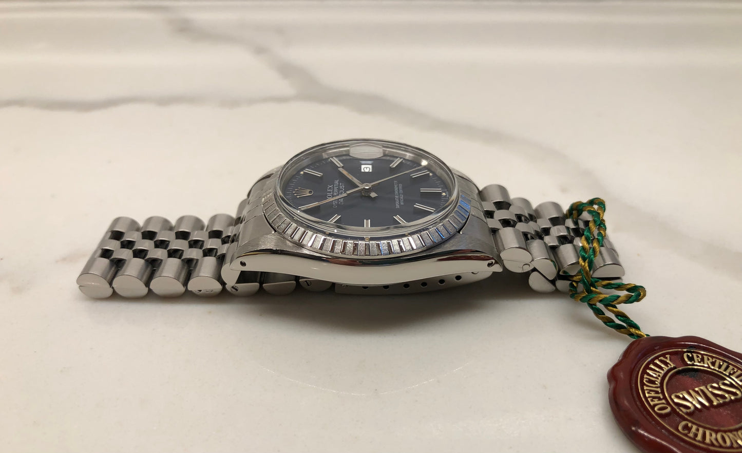 1984 Rolex Datejust 16030 Steel Blue Engine Turned Automatic Wristwatch