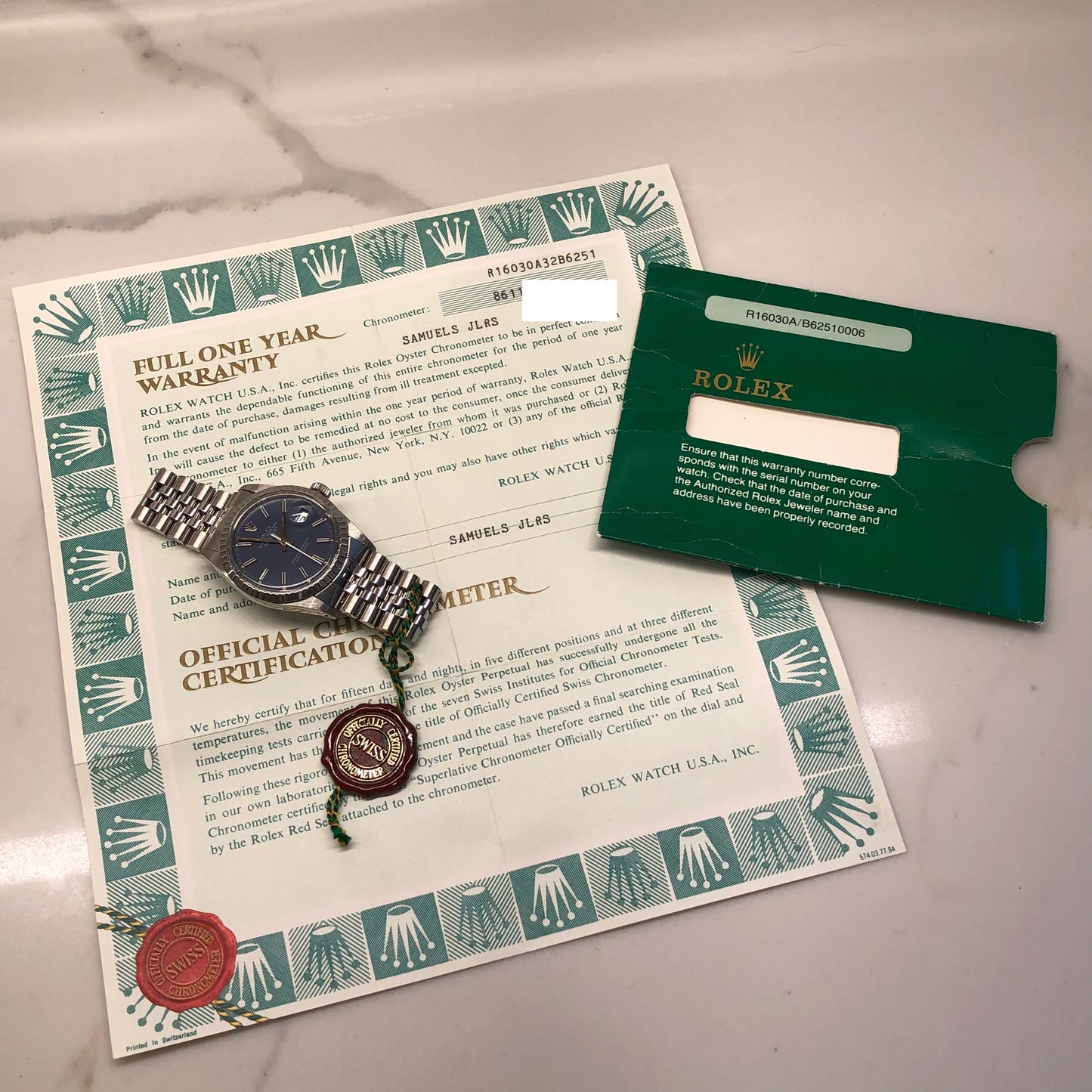 1984 Rolex Datejust 16030 Steel Blue Engine Turned Automatic Wristwatch