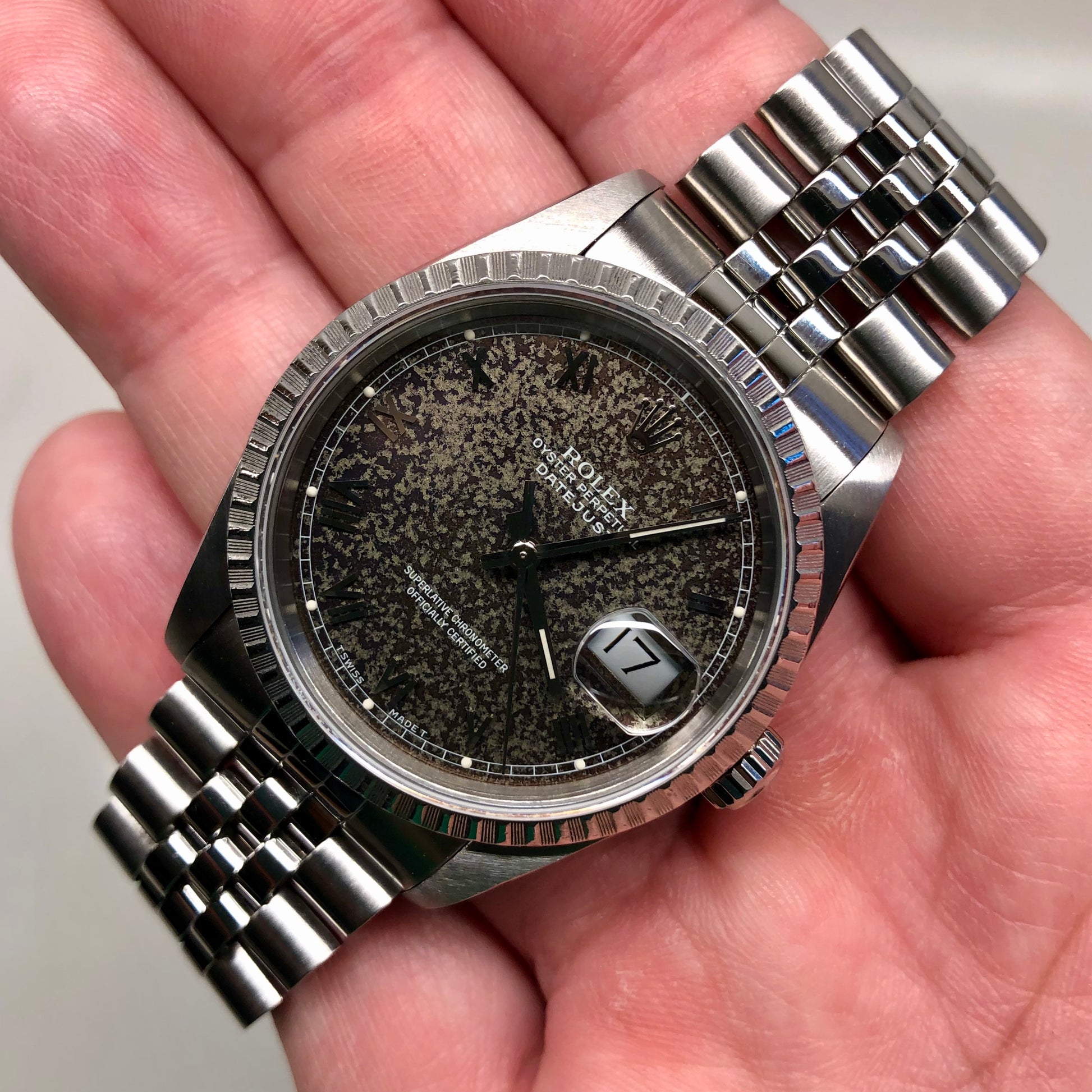 1991 Rolex Datejust 16220 Engine Turned Steel Tropical Dial Jubilee Automatic Wristwatch - HASHTAGWATCHCO