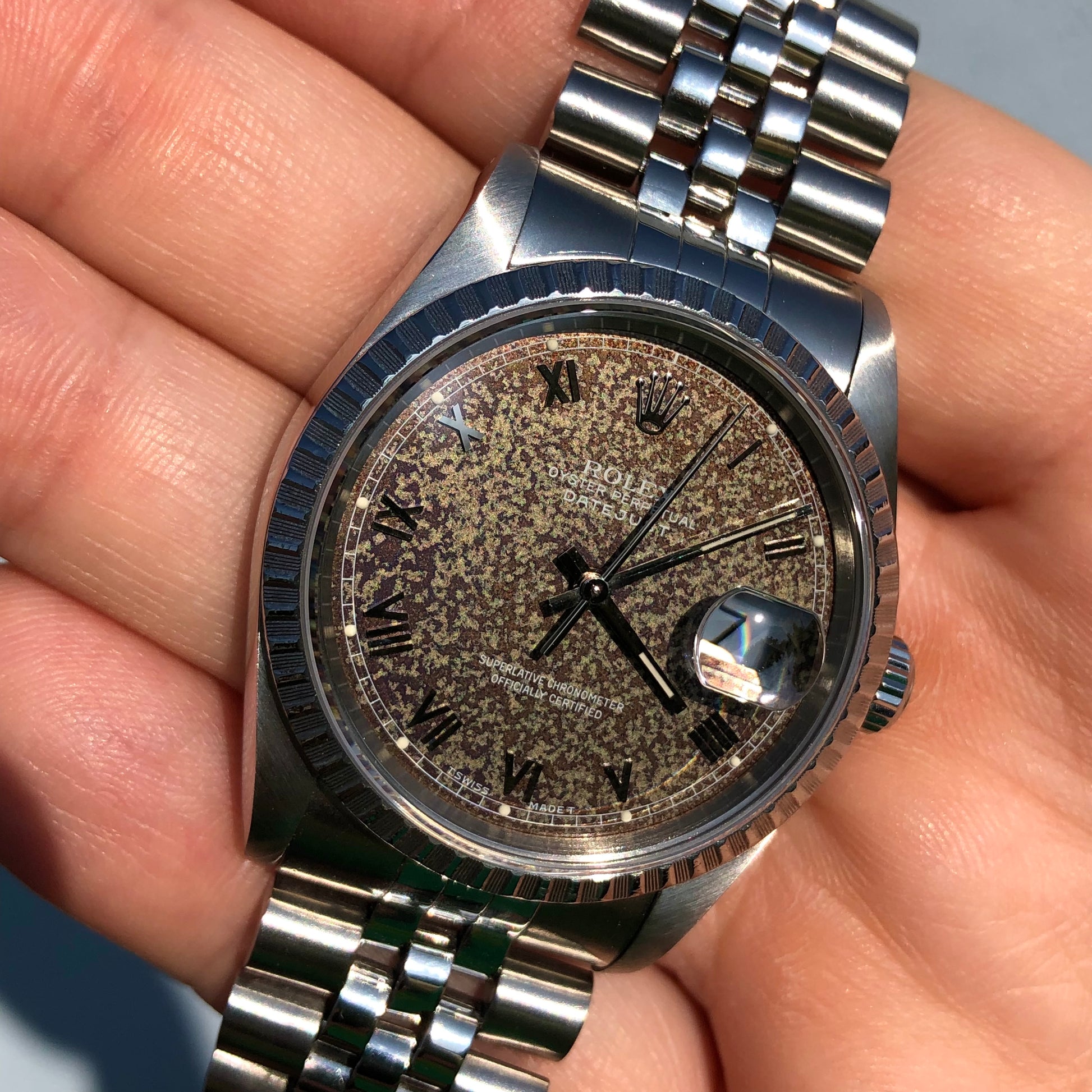 1991 Rolex Datejust 16220 Engine Turned Steel Tropical Dial Jubilee Automatic Wristwatch - HASHTAGWATCHCO