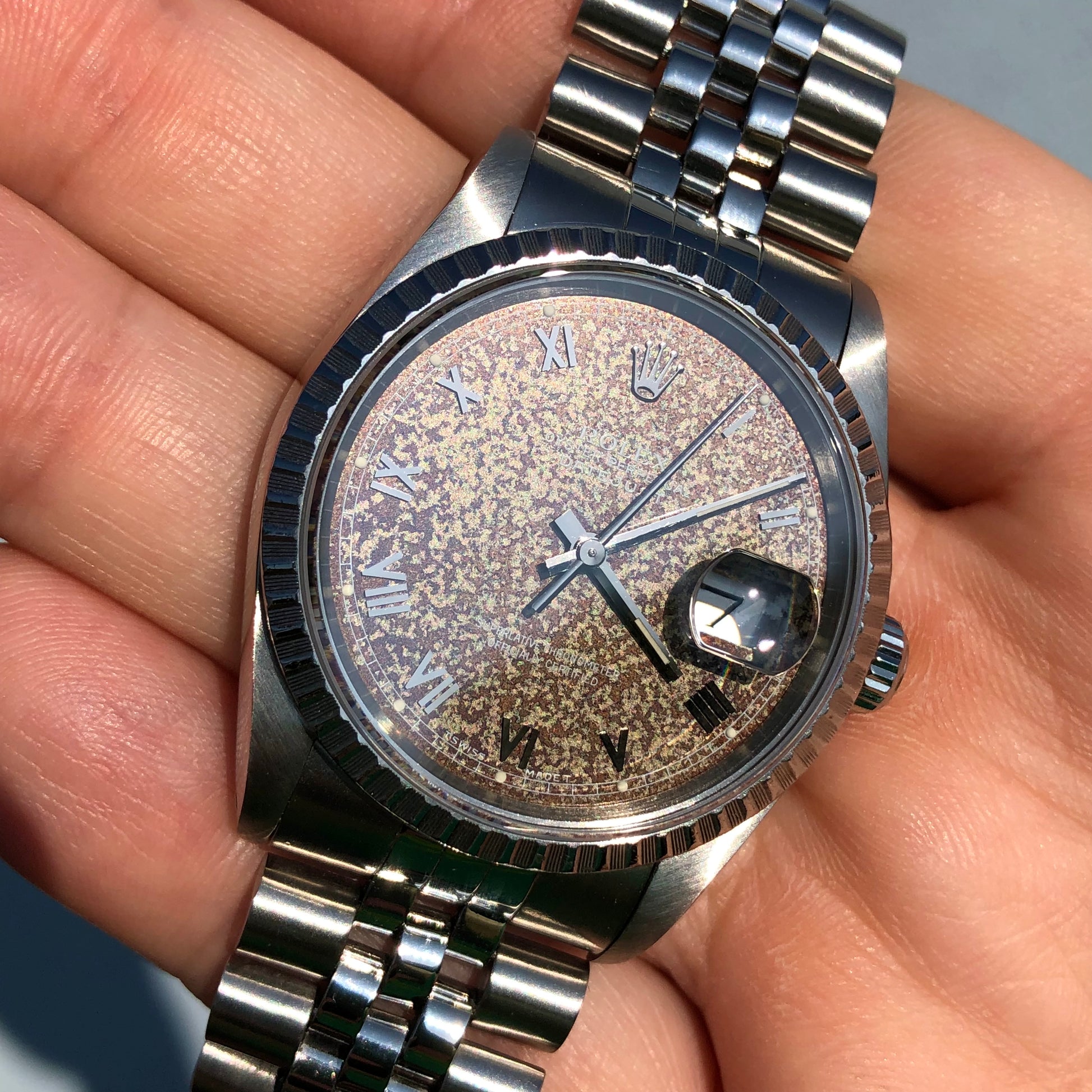 1991 Rolex Datejust 16220 Engine Turned Steel Tropical Dial