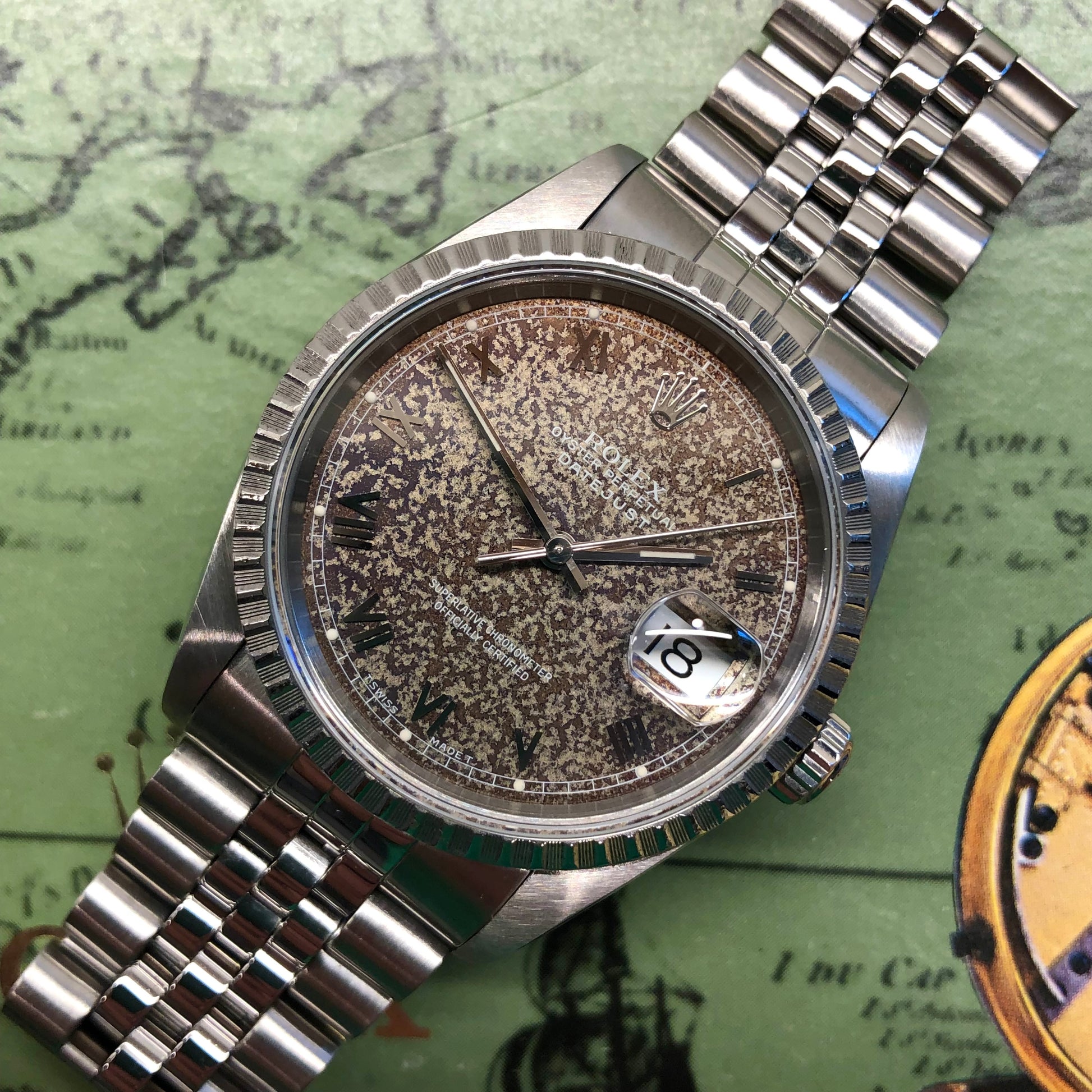 1991 Rolex Datejust 16220 Engine Turned Steel Tropical Dial Jubilee Automatic Wristwatch - HASHTAGWATCHCO