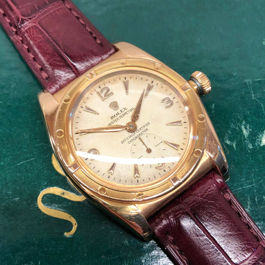 1940s Rolex Oyster Perpetual Bubbleback 3458 Chronometer 18K Rose Gold Automatic Wristwatch - HASHTAGWATCHCO