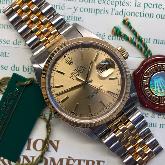 2000 Rolex Datejust 16233 Two Tone Champagne Stick Jubilee Wristwatch with Box and Papers