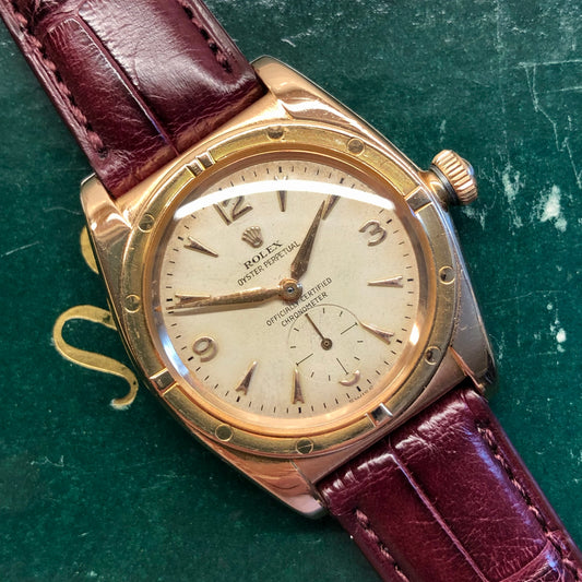 1940s Rolex Oyster Perpetual Bubbleback 3458 Chronometer 18K Rose Gold Automatic Wristwatch - HASHTAGWATCHCO