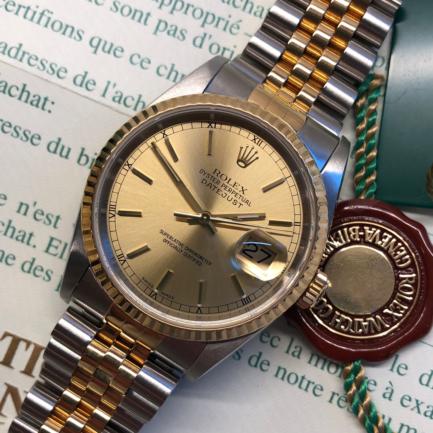 2000 Rolex Datejust 16233 Two Tone Champagne Stick Jubilee Wristwatch with Box and Papers