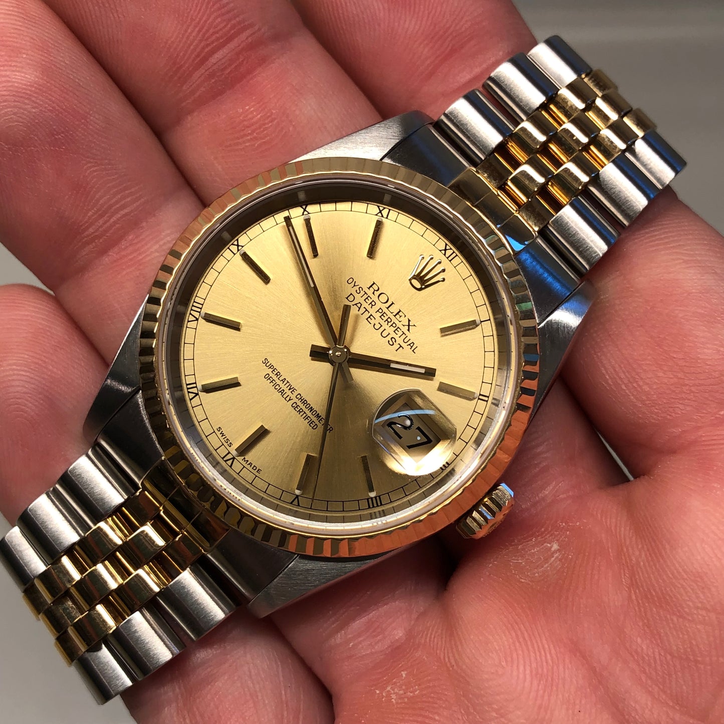 2000 Rolex Datejust 16233 Two Tone Champagne Stick Jubilee Wristwatch with Box and Papers