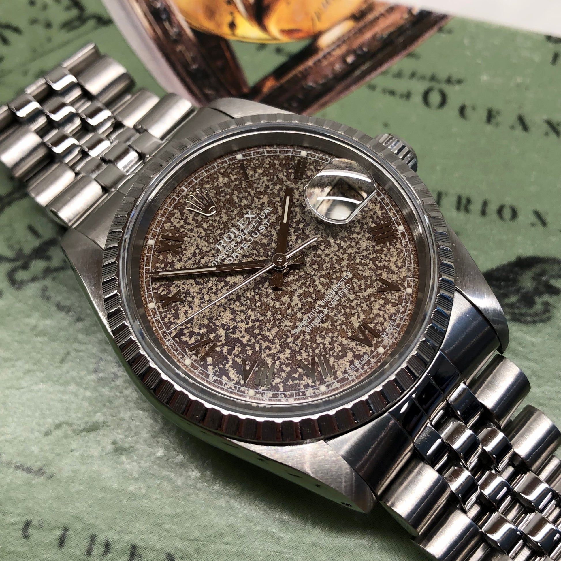 1991 Rolex Datejust 16220 Engine Turned Steel Tropical Dial Jubilee Automatic Wristwatch - HASHTAGWATCHCO