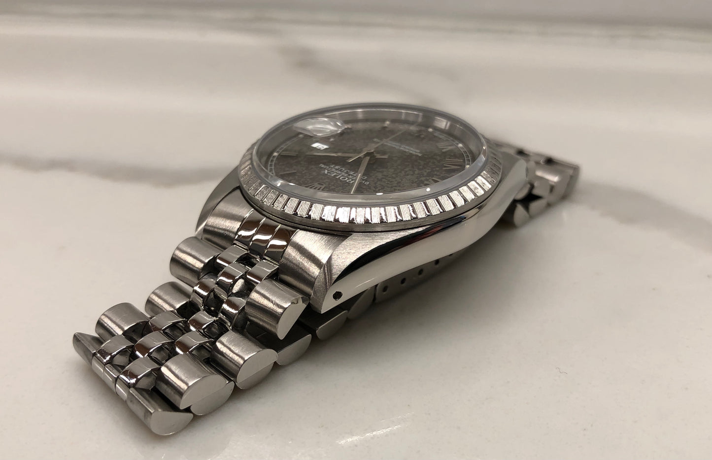 1991 Rolex Datejust 16220 Engine Turned Steel Tropical Dial Jubilee Automatic Wristwatch - HASHTAGWATCHCO