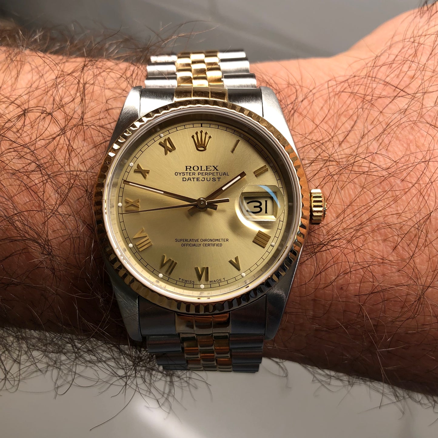1988 Rolex Datejust 16233 Two Tone Champagne Roman Jubilee Wristwatch