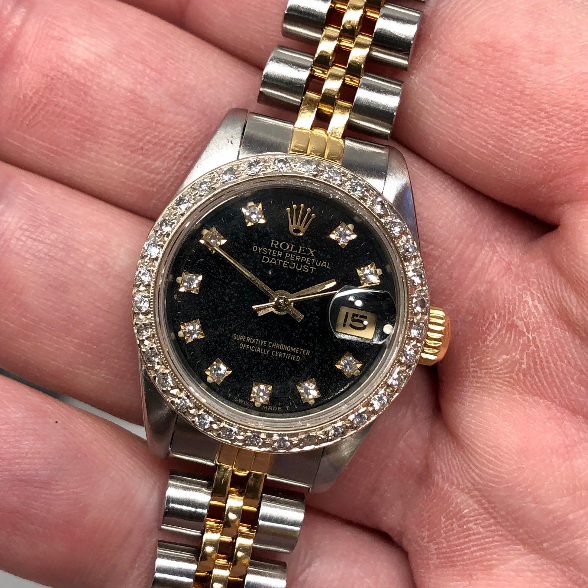1987 Rolex Ladies Datejust 69163 Black Diamond Two Tone Jubilee Diamond Bezel Wristwatch - HASHTAGWATCHCO