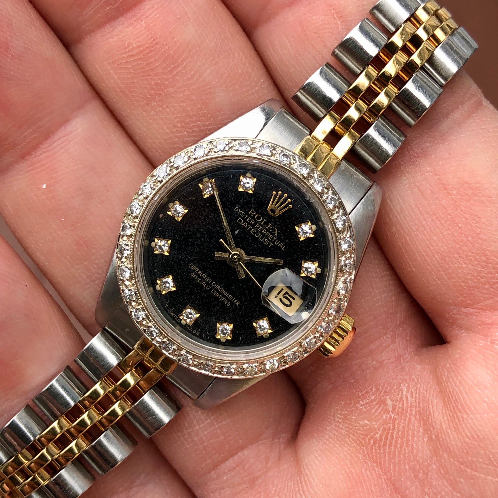 1987 Rolex Ladies Datejust 69163 Black Diamond Two Tone Jubilee Diamond Bezel Wristwatch - HASHTAGWATCHCO