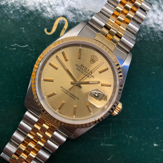 1990 Rolex Datejust 16233 Two Tone Champagne Stick Jubilee Wristwatch