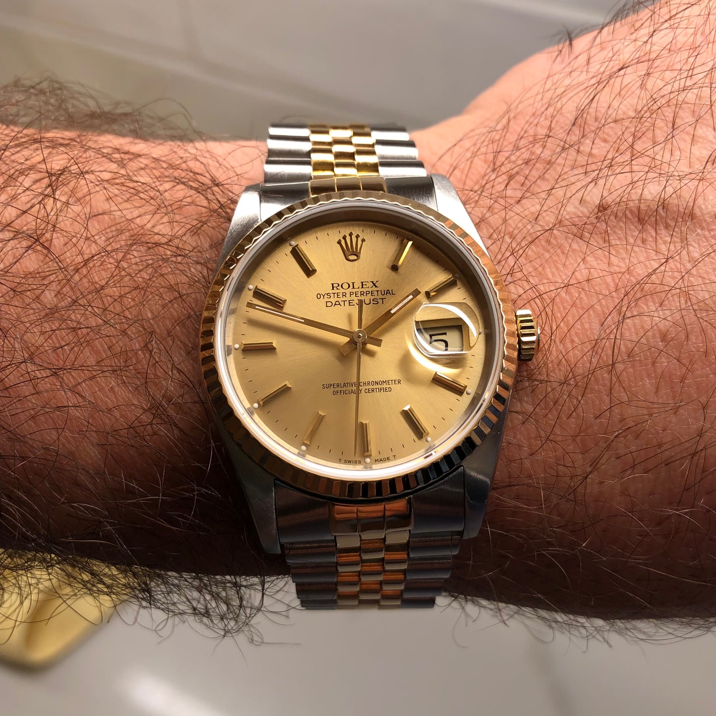 1990 Rolex Datejust 16233 Two Tone Champagne Stick Jubilee Sapphire Wristwatch