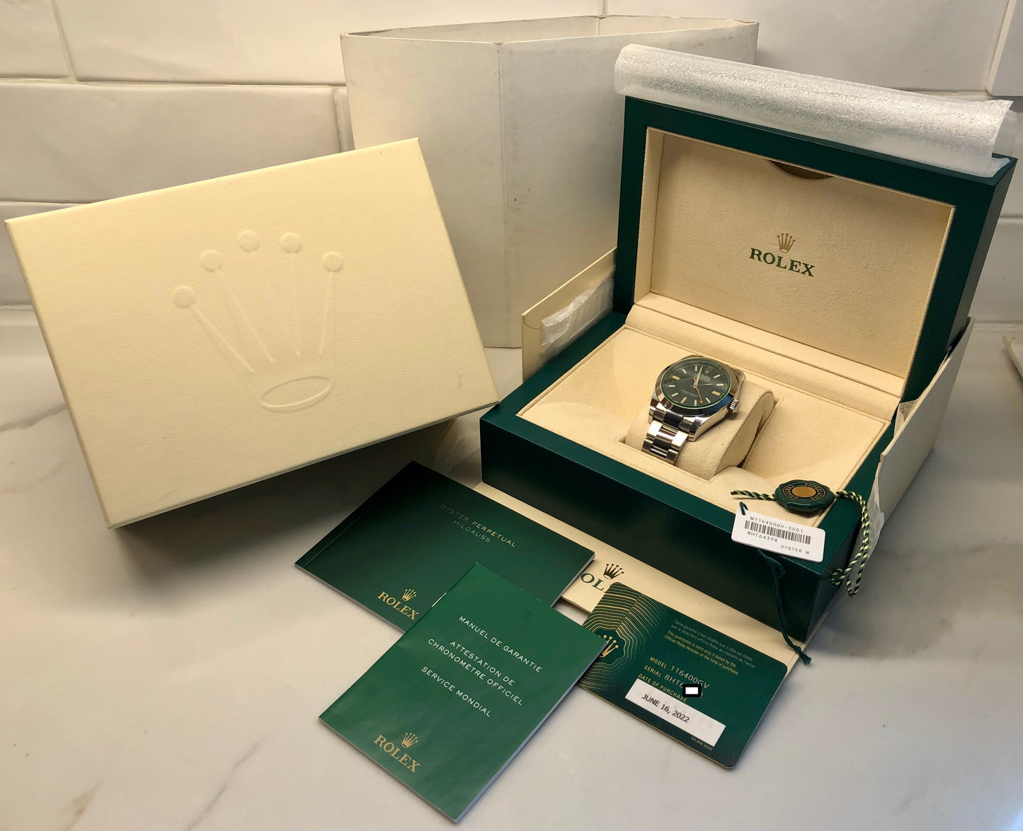 2022 Rolex Milguass 116400GV Green Steel Oyster Wristwatch with Box and Papers Unworn - Hashtag Watch Company
