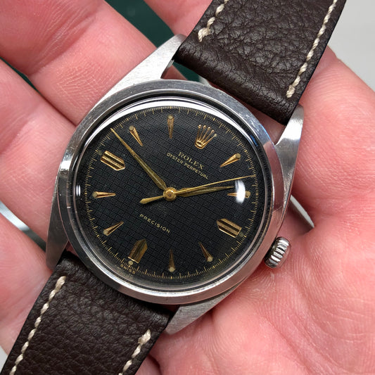 1953 Rolex Oyster Perpetual Precison 6298 Black Honeycomb Dial Automatic Wristwatch - HASHTAGWATCHCO