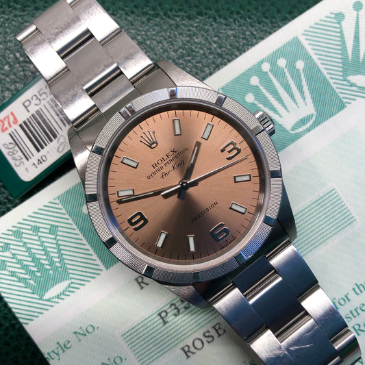 2000 Rolex Air King 14010 Rose Arabic Dial Oyster Engine Turned Wristwatch with Box and Papers - Hashtag Watch Company