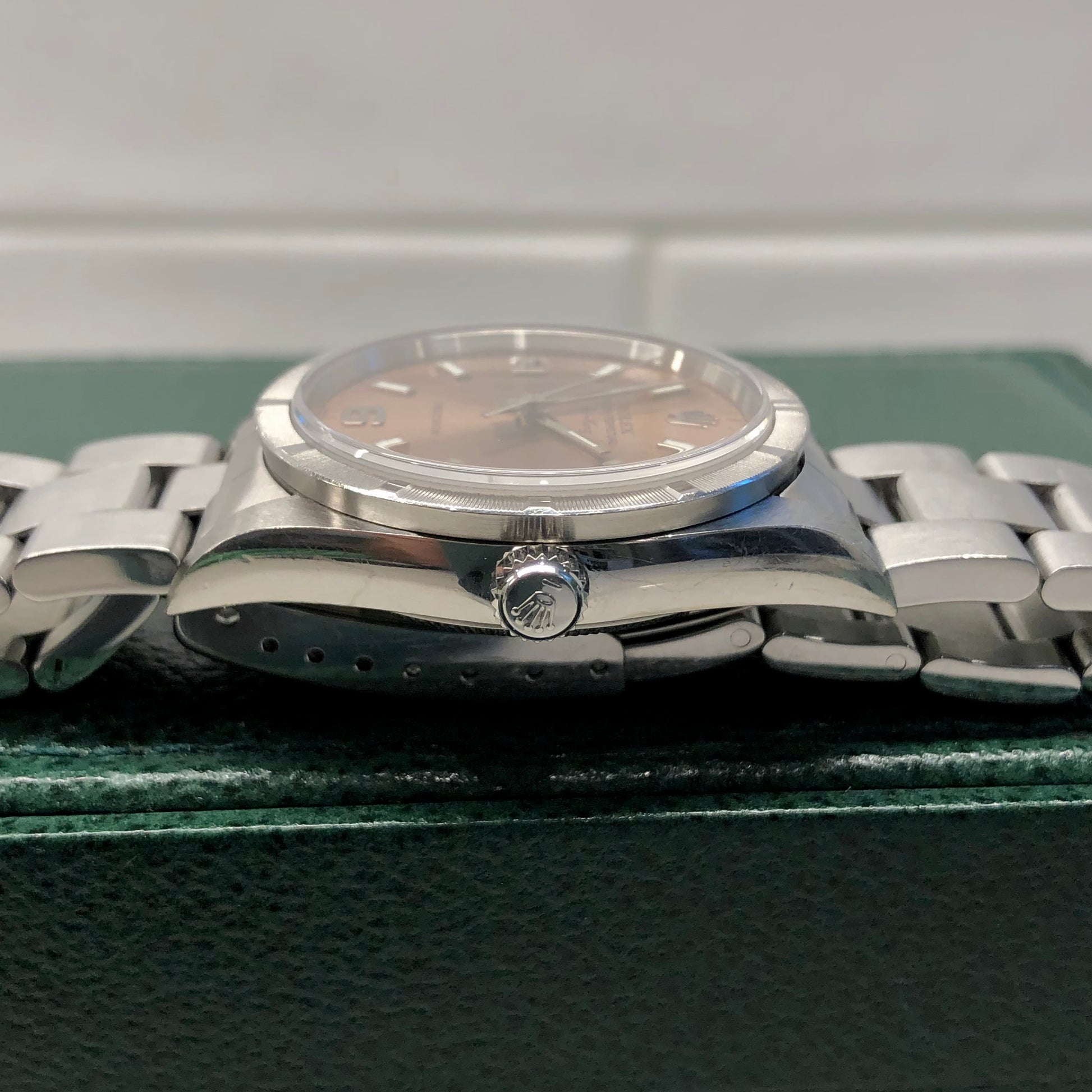2000 Rolex Air King 14010 Rose Arabic Dial Oyster Engine Turned Wristwatch with Box and Papers - Hashtag Watch Company