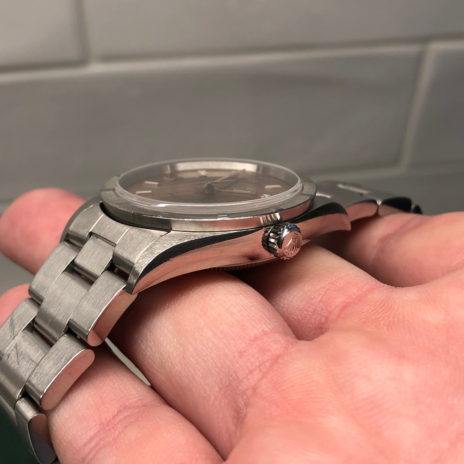 2000 Rolex Air King 14010 Rose Arabic Dial Oyster Engine Turned Wristwatch with Box and Papers - Hashtag Watch Company