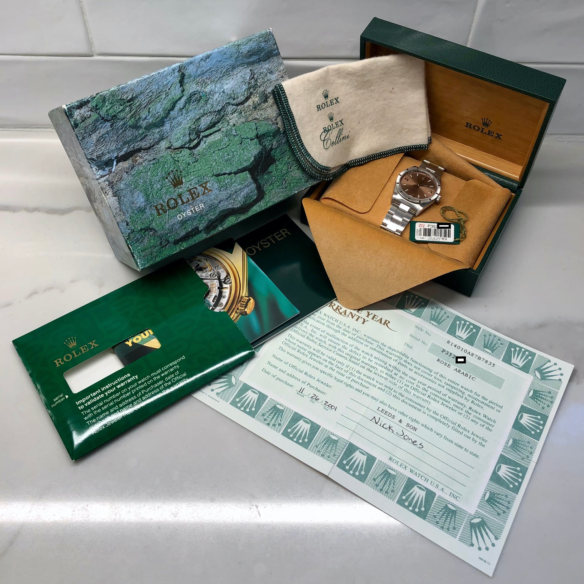 2000 Rolex Air King 14010 Rose Arabic Dial Oyster Engine Turned Wristwatch with Box and Papers - Hashtag Watch Company